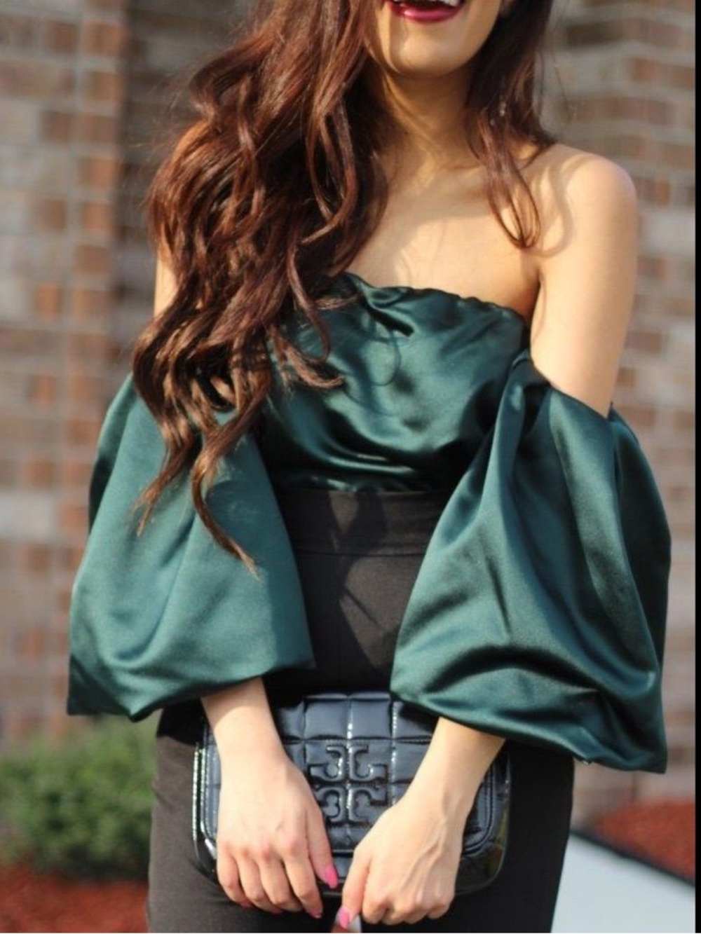 NWT Zara Woman Emerald Off-Shoulder Satin Puff Sleeve Top (XS)